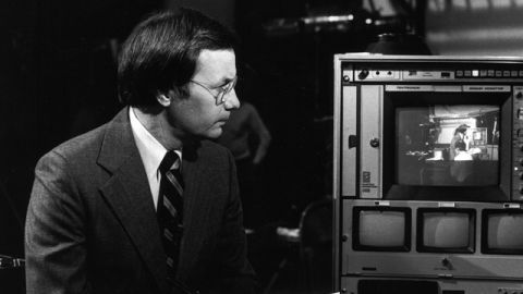 Bill Moyers editing on set in the 1970s.