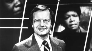 Bill Moyers on the set of his "Creativity" series in 1983. Maya Angelou is in the background.