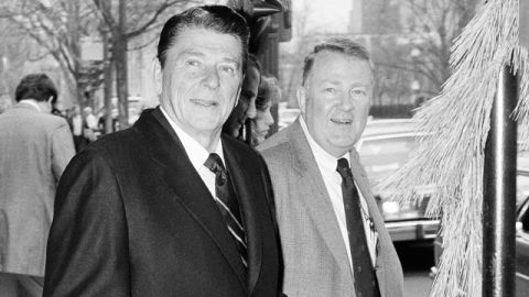 President elect Ronald Reagan and his transition team leader Edwin Meese leave the Blair House in Washington December 10, 1980, en route to the Republican National Headquarters for a meeting with Bill Brook, chairman of the Republican National Committee. (AP Photo/Charles Tasnadi)