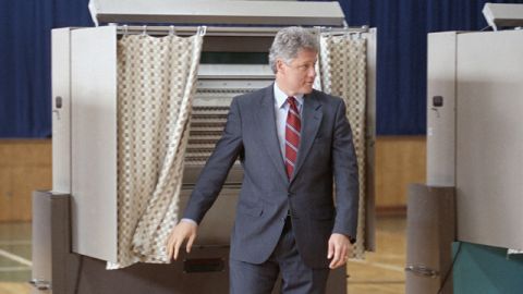 Arkansas Gov. Bill Clinton leaves a voting booth in Little Rock on Tuesday, May 26, 1992 after casting his vote in the Democratic primary. Going into Tuesday’s primaries, Clinton has 26 Democratic nominating victories, while President Bush had won all 39 Republican primaries and caucuses. (AP Photo/Danny Johnston)