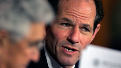 New York Gov. Eliot Spitzer speaks during a legislative leaders meeting, as Senate Majority Leader Joseph Bruno, R-Brunswick, left, listens at the Capitol in Albany, N.Y., Thursday, June 14, 2007. Leaders said they have agreed to reform a 40-year-old, pro-union mandate that officials have long blamed for driving up publicly paid construction costs. The reform of the so-called Wicks Law has been an elusive goal in Albany for years, but the agreement announced Thursday would exempt as much as half of public projects from the mandate. (AP Photo/Mike Groll)