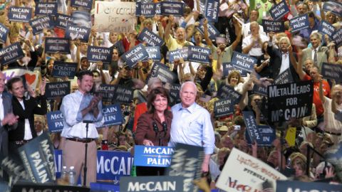 John McCain and Sarah Palin onstage with Todd Palin, Cindy McCain and Robert Duvall in Albuquerque, New Mexico, September 6, 2008