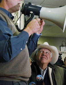 Supporter of Republican presidential candidate former Pennsylvania Sen. Rick Santorum, Foster Friess, during a meet and greet campaign stop at Pizza Ranch, Monday, Jan. 2, 2012, in Altoona, Iowa. (AP Photo/Eric Gay)
