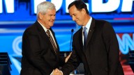 Former House Speaker Newt Gingrich and former Pennsylvania Sen. Rick Santorum during a Republican Presidential debate in Tampa, Fla. September 2011 (AP Photo/Mike Carlson)