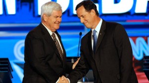 Former House Speaker Newt Gingrich, left, and former Pennsylvania Sen. Rick Santorum during a 2011 Republican Presidential debate in Tampa, Fla. (AP Photo/Mike Carlson)