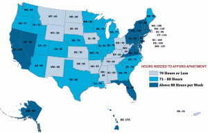 Map - Hours at minimum wage needed to afford rent in 50 states, National Low Income Housing Coalition