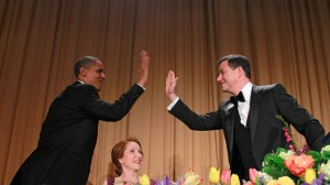 President Barack Obama high-fives late-night comic Jimmy Kimmel as Caren Bohan, a Reuters journalist and president of the White House Correspondents' Association watches during the most recent White House Correspondents' Association Dinner in Washington. (Photo by Haraz N. Ghanbari/AP)