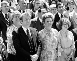 Rev. Jerry Falwell and Phillis Schlafly sing patriotic songs during a "Stop the ERA" rally in 1980. (AP Photo)
