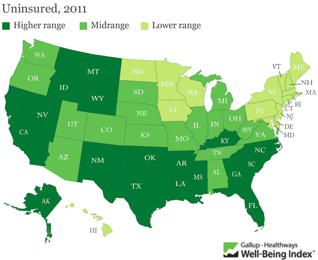Map of the US uninsured; Credit: Gallup Healthways