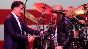 Republican presidential candidate, former Massachusetts Gov. Mitt Romney, meets with Kid Rock after addressing supporters at the Royal Oak Music Theatre in Royal Oak, Mich., Monday, Feb. 27, 2012. (AP Photo/Carlos Osorio)
