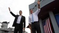 Republican presidential candidate, former Massachusetts Gov. Mitt Romney and vice presidential candidate Wisconsin Rep. Paul Ryan, R-Wis., wave at the crowd during a campaign event in Norfolk, Va. August 2012. (AP Photo/Mary Altaffer)
