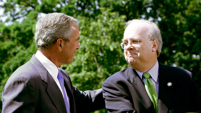 President Bush, left looks towards outgoing White House Deputy Chief of Staff Karl Rove, after speaking on the South Lawn of the White House in Washington, Monday, Aug. 13, 2007. (AP Photo/Charles Dharapak)