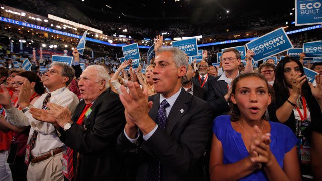 Chicago Mayor Rahm Emanuel and Illinois delegates cheer as Senate candidate from Massachusetts Elizabeth Warren addresses the Democratic National Convention in Charlotte, N.C. September 2012. (AP Photo/Charles Dharapak)
