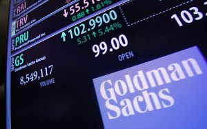 The price of Goldman Sachs stock is shown at a trading post on the floor of the New York Stock Exchange. January 2012. (AP Photo/Richard Drew)