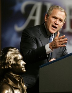 President Bush speaks to the American Legislative Exchange Council in Grapevine, Texas, in 2005. The Council presented Bush with the Thomas Jefferson Freedom Award. (AP Photo/Donna McWilliam)