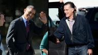 Left: President Barack Obama, accompanied by debate prep adviser Anita Dunn, right, and senior White House adviser David Plouffe, waves as they leave the Kingsmill Resort in Williamsburg, Va. October 2012. (AP Photo/Carolyn Kaster); Right: Mitt Romney is greeted as he steps off his campaign plane in Ronkonkoma, N.Y. as he arrived for his debate against President Barack Obama. (AP Photo/Charles Dharapak)