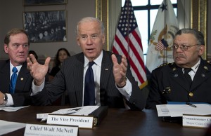 Vice President Joe Biden, flanked by the President of the National Association of Police Organizations and Boston police officer, Thomas Nee, left, and President of the Police Executive Research Forum and Major Cities Chiefs Association and Philadelphia Police Commissioner Charles Ramsey, right, speaks during a meeting at the Eisenhower Executive Office Building in the White House complex, Thursday, Dec. 20, 2012, in Washington. Biden is leading a task force that will look at ways of reducing gun violence. (AP Photo/Carolyn Kaster)