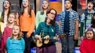 Ingrid Michaelson accompanied by children from Newtown, Conn. and Sandy Hook Elementary school perform "Somewhere Over the Rainbow" on ABC's "Good Morning America" on Tuesday, Jan. 15, 2013 in New York. (Photo by Charles Sykes/Invision/AP)