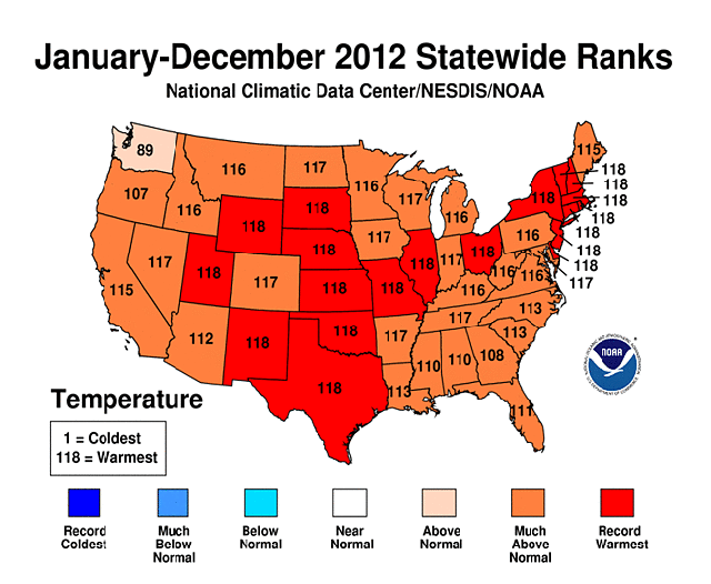 Average temperatures in the continental U.S. for 2012 (NOAA)