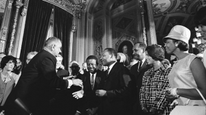 President Lyndon B. Johnson meets with Martin Luther King, Jr. on Aug. 6, 1965 upon signing the Voting Rights Act. Credit: Yoichi R. Okamoto, Lyndon Baines Johnson Library and Museum