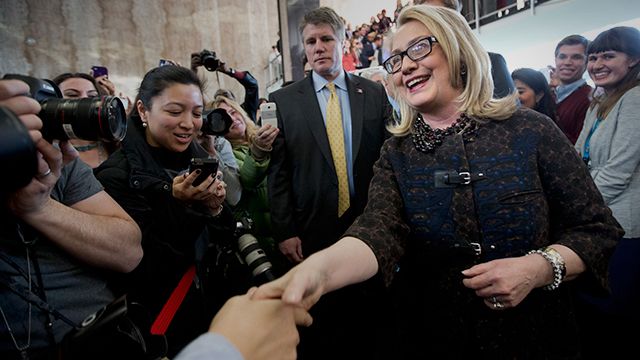 Secretary of State Hillary Rodham Clinton bids farewell to State Department employees at the State Department in Washington, Friday, Feb. 1, 2103, before departing the State Department for the final time as secretary of state. (AP Photo/Manuel Balce Ceneta)