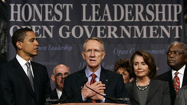 FILE - In this Jan. 18, 2006 file photo, Senate Majority Leader Harry Reid of Nev., center, flanked by then-Sen. Barack Obama, left, and House Speaker Nancy Pelosi of Calif. speaks at the Library of Congress in Washington to outline their agenda for reform in the wake of the scandal involving former lobbyist Jack Abramoff. Few members of Congress are disclosing the fundraising help they get from lobbyists despite a new law that is supposed to make it easy for the public to track campaign connections between lawmakers and the people hired to influence them, an Associated Press review found. From left are: Obama, Rep. Henry Waxman, D-Calif., Reid, Pelosi, and Rep. James E. Clyburn, D-S.C. (AP Photo/J. Scott Applewhite, FILE)