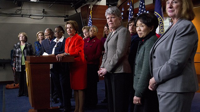 House Minority Leader Nancy Pelosi of Calif., center, accompanied by fellow House Democrats, leads a news conference on Capitol Hill in Washington, Wednesday, Jan. 23, 2013, to discuss the reintroduction of the Violence Against Women Act. Congressional Democrats have renewed their push to revive the key federal program that protects women against domestic violence. They sought to diminish Republican objections that blocked passage of the legislation last year by removing a provision that would increase visas for immigrant victims of domestic abuse. (AP Photo/Jacquelyn Martin)