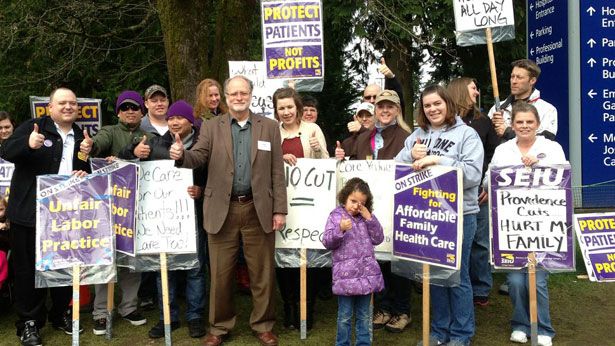 Healthcare workers on strike. (Credit: SEIU1199 NW)