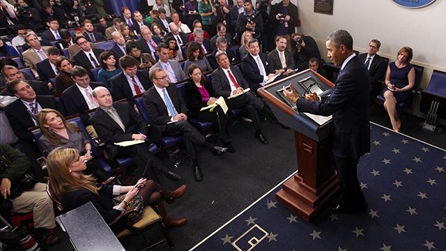 President Barack Obama speaks to reporters in the White House briefing room in Washington, Friday, March 1, 2013, following after meeting with congressional leaders regarding the automatic spending cuts. (AP Photo/Charles Dharapak)