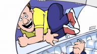 Unemployed man hiding in an overhead bin on an airplane - a scene from animated cartoon entitled 'Sequesterless Airlines'