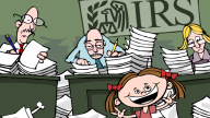 Still from 'Money Fer Nuthin' by Mark Fiore featuring IRS auditors reviewing 501(c)4 applications