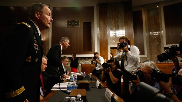 From left to right: Director of the National Security Agency (NSA), Gen. Keith B. Alexander, Rand Beers, Acting Deputy Secretary of Homeland Security, Patrick Gallagher, director of the Commerce Department's National Institute of Standards and Technology, and Richard McFeely, Executive Assistant Director of Criminal, Cyber, Response and Services Branch, Federal Bureau of Investigation, arrive to testify about NSA surveillance before the Senate Appropriations Committee on Capitol Hill in Washington, Wednesday, June 12, 2013. (AP Photo/Charles Dharapak)