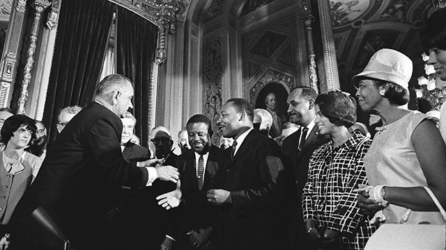 President Lyndon B. Johnson meets with Martin Luther King, Jr. on Aug. 6, 1965 upon signing the Voting Rights Act. Credit: Yoichi R. Okamoto, Lyndon Baines Johnson Library and Museum