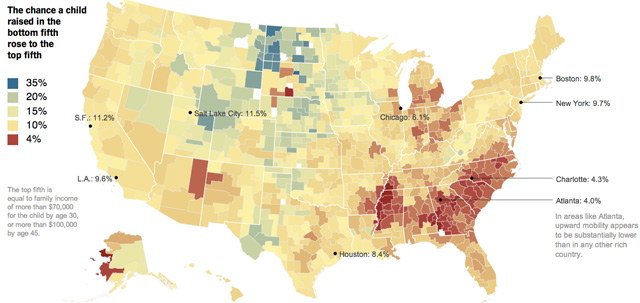 An interactive map at The New York Times website lets you roll over states and see the income mobility rates change.