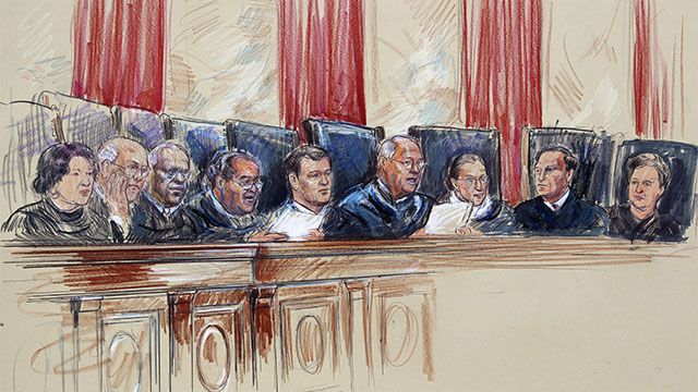This artist rendering shows the Supreme Court Justices. (AP Photo/Dana Verkouteren)