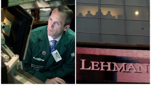 This combination of Associated Press file photos shows, left, Patrick Kenny a Specialist of Lehman Brothers working his post on the trading floor of the New York Stock Exchange on Monday, Sept. 15, 2008, and right, the Lehman Brothers headquarters Monday, Sept. 15, 2008 in New York. (AP Photo)