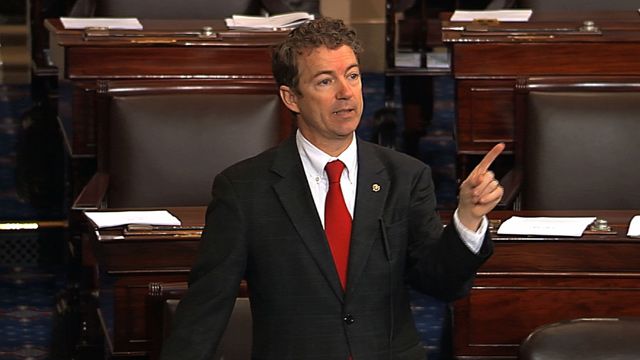 This video frame grab provided by Senate Television shows Sen. Rand Paul, R-Ky. speaking on the floor of the Senate on Capitol Hill in Washington, Wednesday, March 6, 2013. Senate Democrats pushed Wednesday for speedy confirmation of John Brennan's nomination to be CIA director but ran into a snag after a Paul began a lengthy speech over the legality of potential drone strikes on U.S. soil.