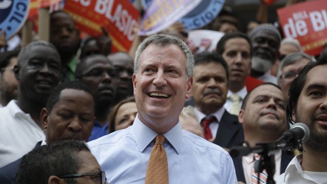 Democratic mayoral candidate Bill de Blasio smiles during a rally in the Brooklyn borough of New York, Thursday, Sept. 12, 2013. (AP Photo/Seth Wenig)