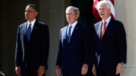 President Barack Obama stands with, from second from left, former Presidents George W. Bush and Bill Clinton at the dedication of the George W. Bush presidential library on the campus of Southern Methodist University in Dallas, Thursday, April 25, 2013. (AP Photo/Charles Dharapak)