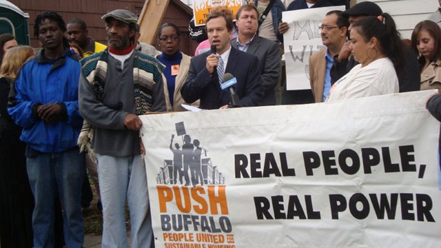 Aaron Bartley rallies for PUSH's energy efficiency campaign in Buffalo, New York