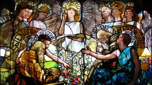 The center third of "Education" (1890), a stained glass window by Louis Comfort Tiffany and Tiffany Studios, located in Linsly-Chittenden Hall at Yale University.