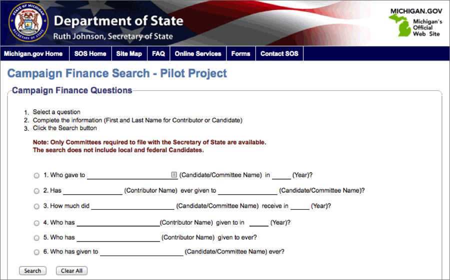 The state of Michigan's campaign finance search page