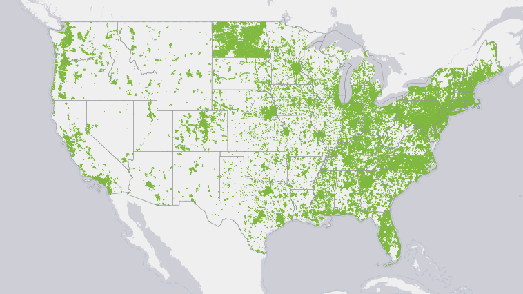 Map of locations with two or more broadband providers. (broadbandmap.gov)