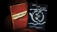 Two book jackets: "1984" by George Orwell and "Brave New World" by Aldous Huxley