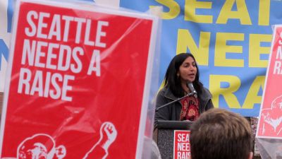 Kshama Sawant speak at a March 15, 2013, "March for $15" rally in Seattle. (Image: Flickr/ Shannon Kringen)