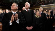 Supreme Court Justices, from left, Chief Justice of the United States John Roberts, Associate Justices of the Supreme Court Anthony Kennedy, Ruth Bader Ginsburg, Stephen Breyer, Sonia Sotomayor and Elena Kagan applaud State of the Union Address,12 Feb 2013 (Rex Features via AP Images)