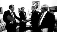 President Clinton shakes hands with Senate Majority Leader Bob Dole of Kansas and Vice President Gore shakes hands with House Speaker Newt Gingrich of Georgia during their Oval Office meeting Tuesday Dec. 19, 1995 to discuss the federal budget impasse. Budget talks collapsed Wednesday after President Clinton scuttled an Oval office meeting with Republican leaders and accused "the most extreme" House Republicans of reneging on a deal that could have ended the government's partial shutdown. (AP Photo/White House)