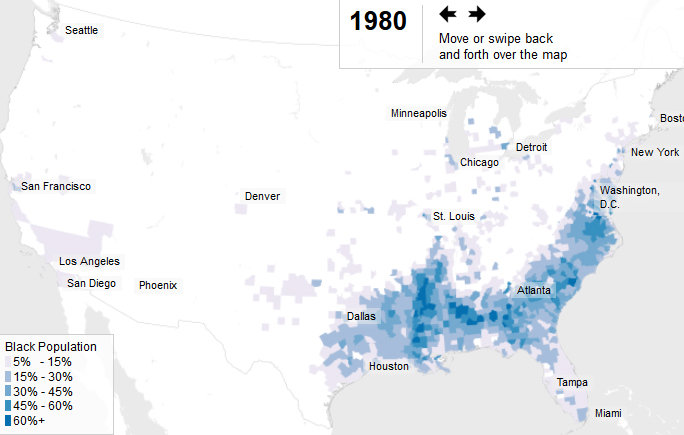 In the early 1900s, African-Americans abandoned the South for better lives in the North. Discriminatory landlords and government policies crowded them into ghettos, transforming the demographics of America’s largest cities. (ProPublica/Jeff Larson and Al Shaw, data from NHGIS)