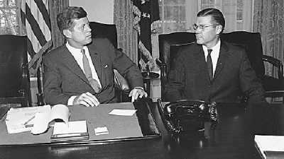 President John F. Kennedy and Robert McNamara. (Wikimedia commons)
