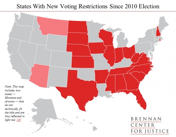 States with new voting restrictions since election 2010 (courtesy of Brennan Center for Justice)